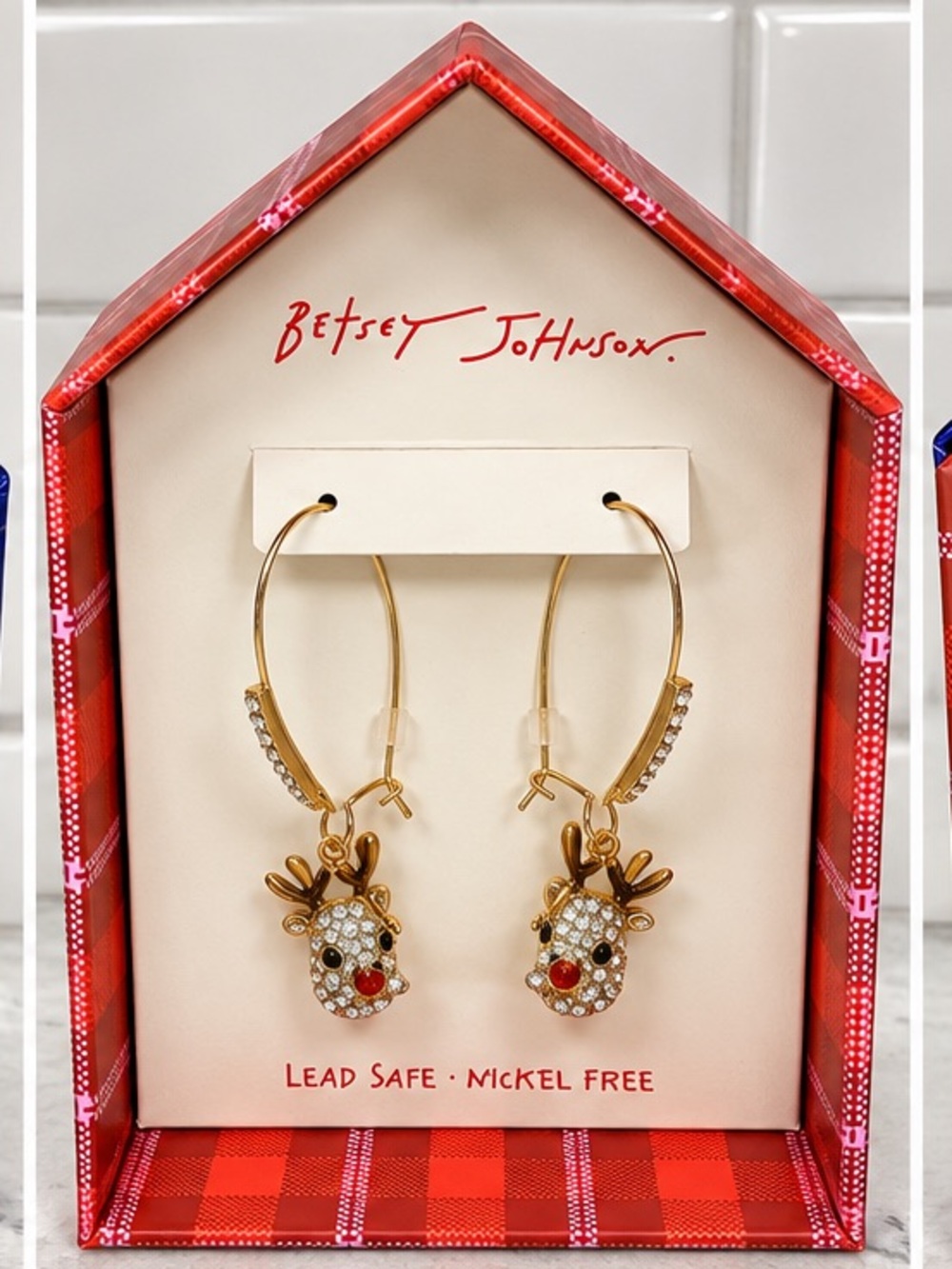 Betsey Johnson Reindeer Dangle Earrings Gold Tone Rhinestone Christmas NWT